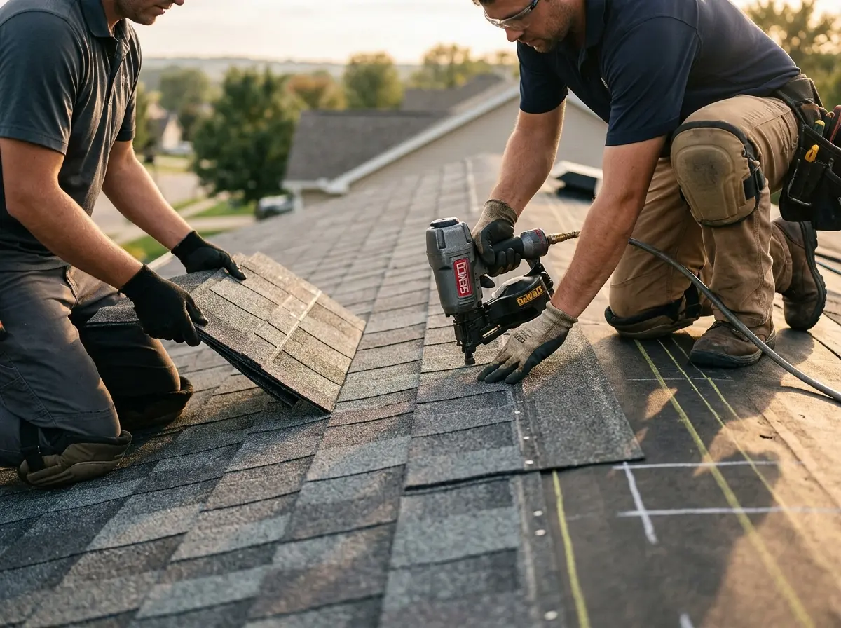 Professional roofer working on a residential roof in Asheville